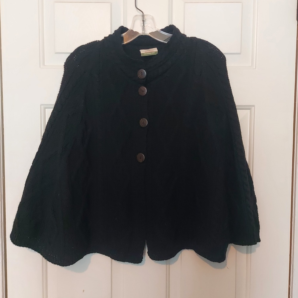 Carraig Donn Black 100% Merino Wool Aran Cable Knit Button Front Cape Ireland